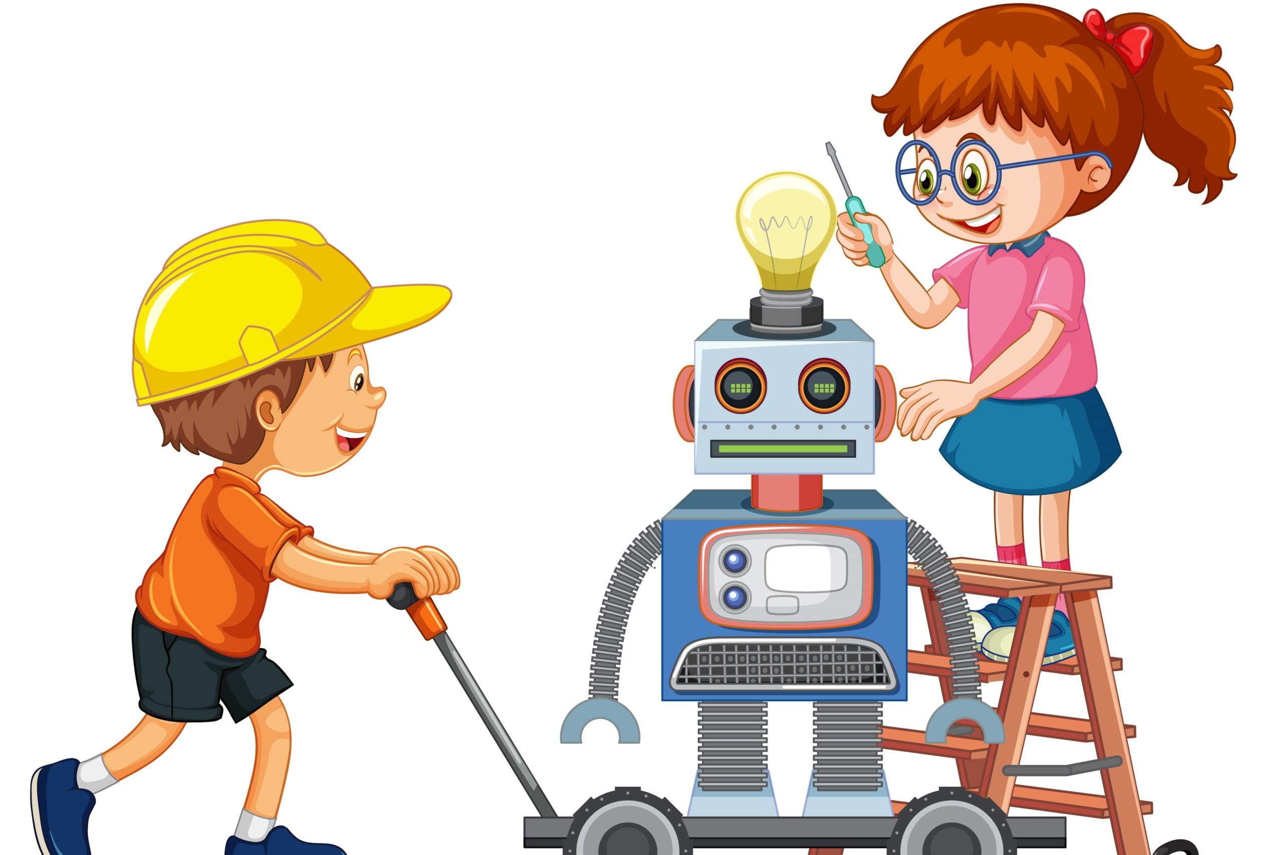 Children fixing a robot together